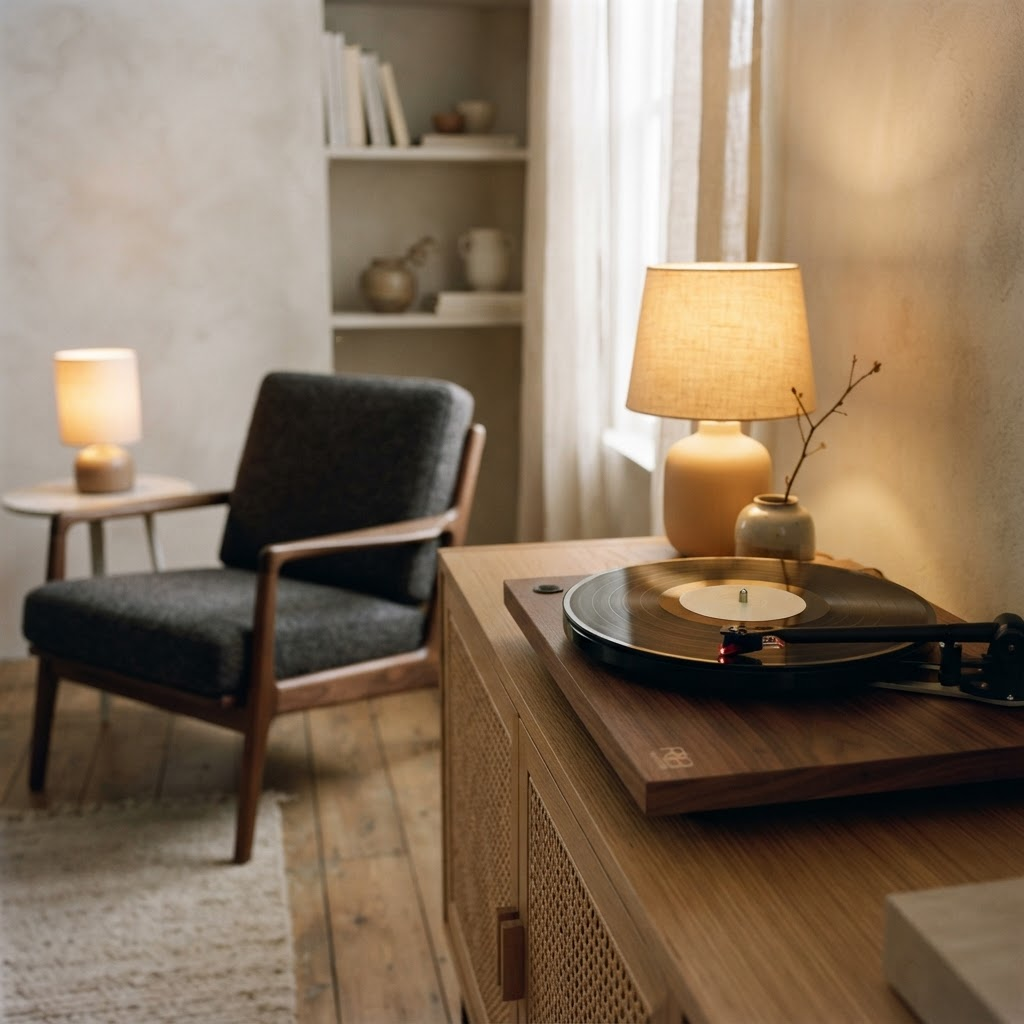 A single record spinning on a high-end turntable beside an empty chair and a warm lamp