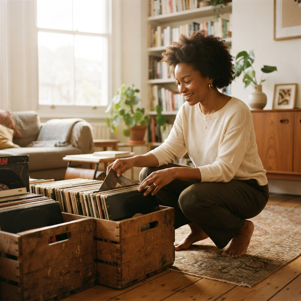 A woman in her thirties crouched beside crates of highlife and afrobeat records in a sunlit London flat
