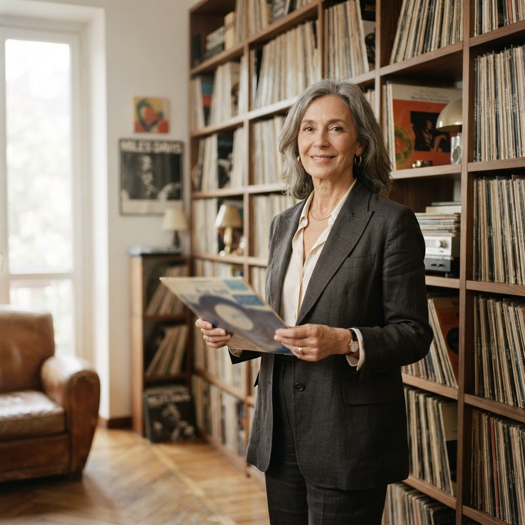 An elegant woman in her sixties standing among tall shelves of jazz records in a Milanese apartment