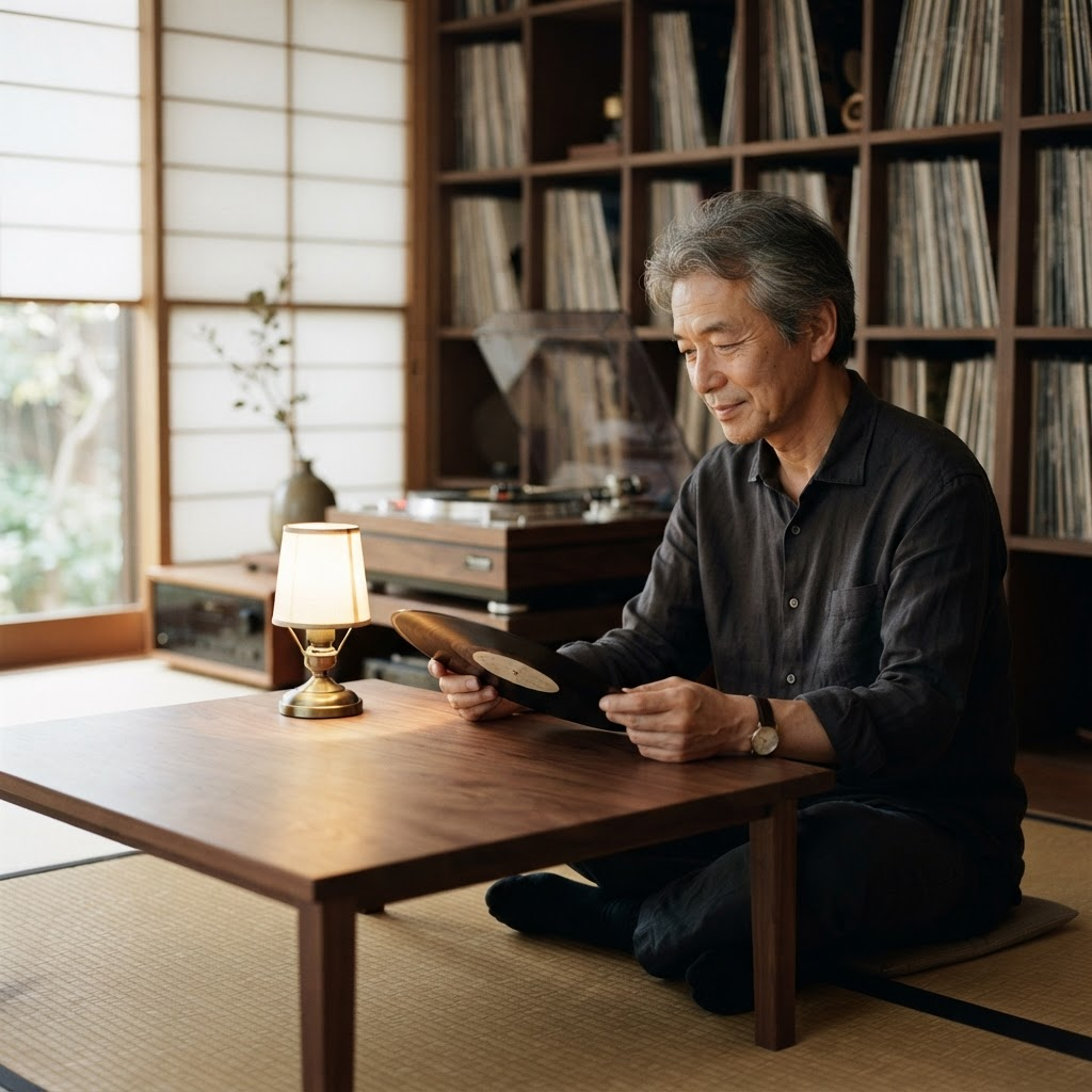 A Japanese man in his fifties inspecting a record under a lamp in a spare Kyoto listening room