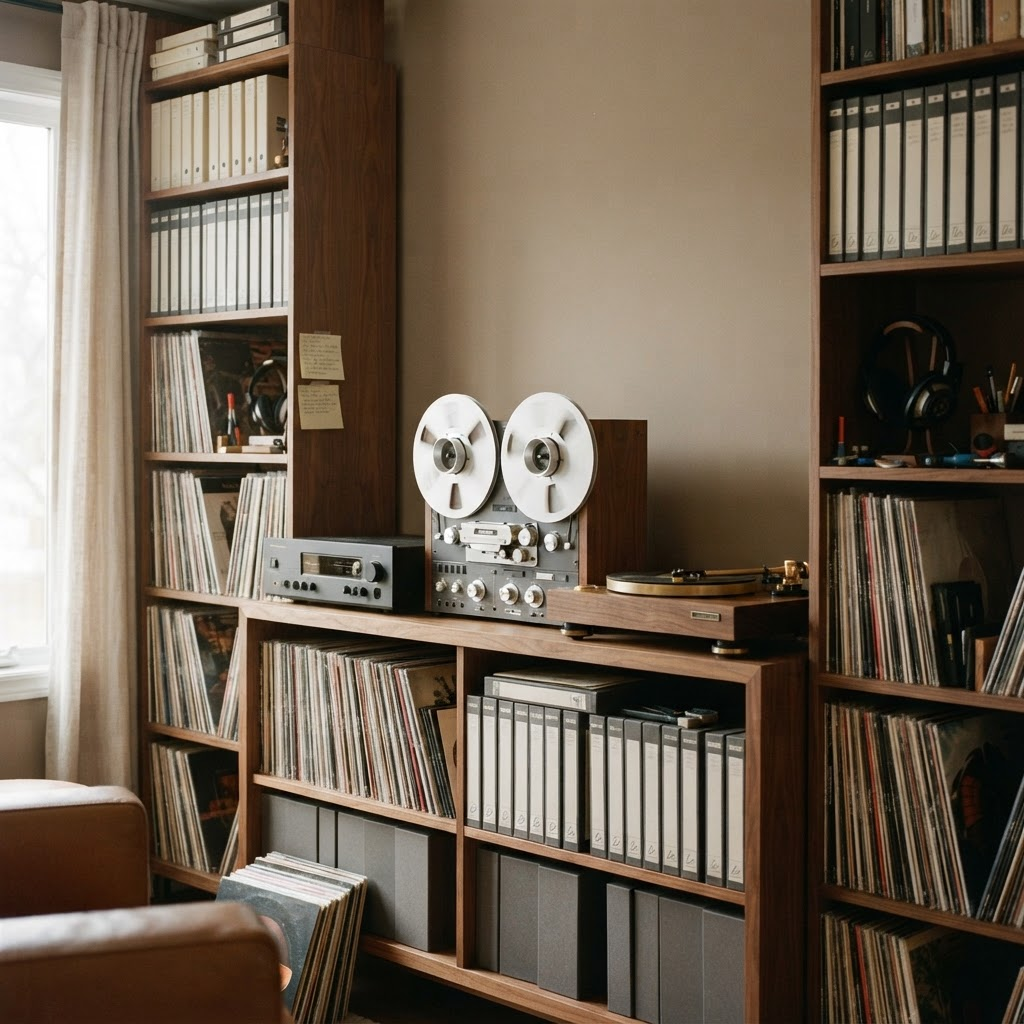 An archivist's system built around a reel-to-reel tape deck flanked by meticulously ordered shelves