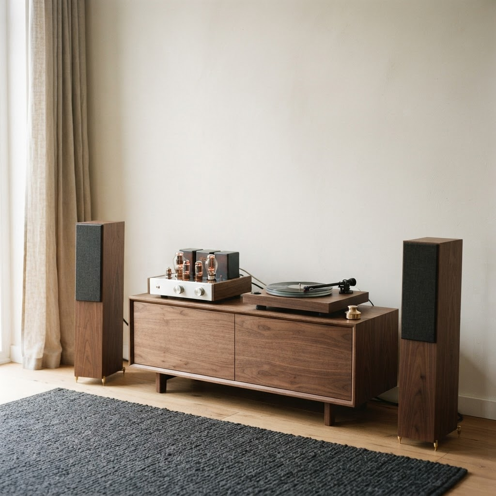 A minimal purist hi-fi system with a triode amplifier, turntable and one pair of slender speakers in a spare room
