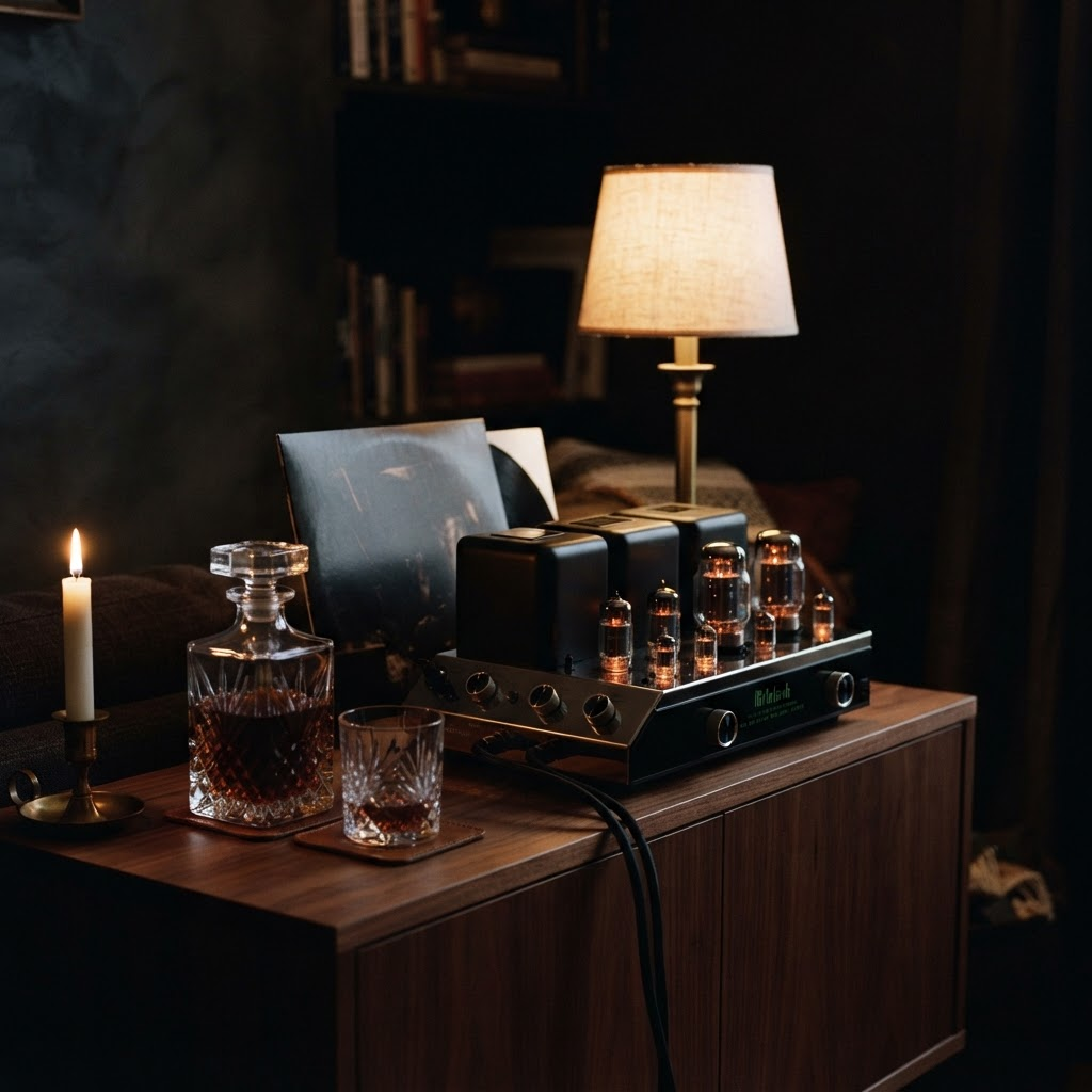 A warm romantic tube hi-fi system glowing amber in a dim room lit by candlelight