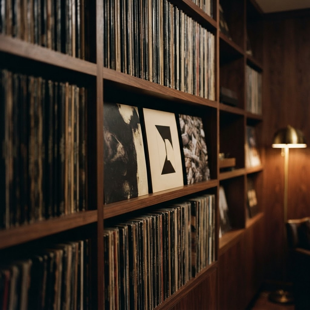 A wall of vinyl records on walnut shelving in a private music library, lit by warm evening lamplight