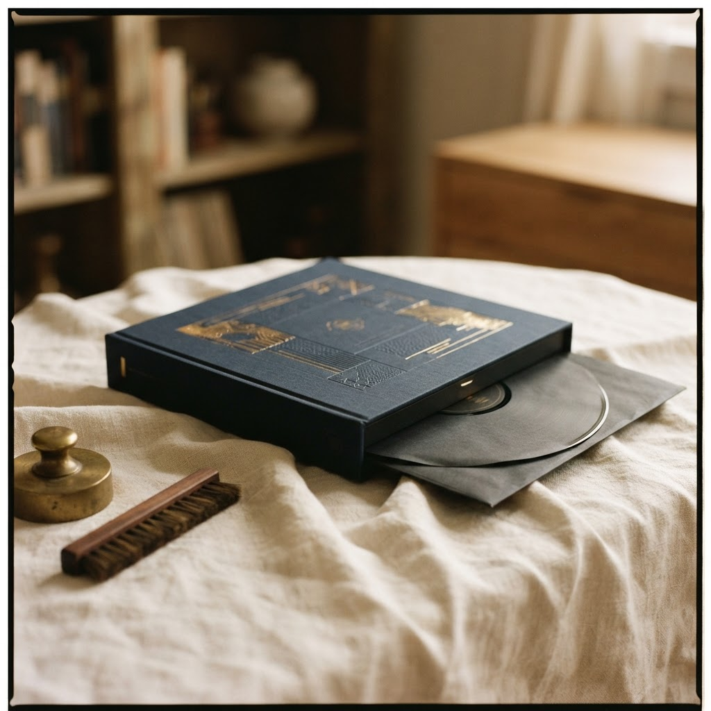 A heavyweight audiophile vinyl boxed set with gold-foil detail on linen