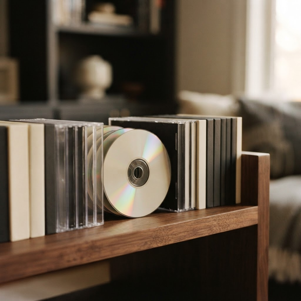 Compact discs and jewel cases arranged on a warm walnut shelf
