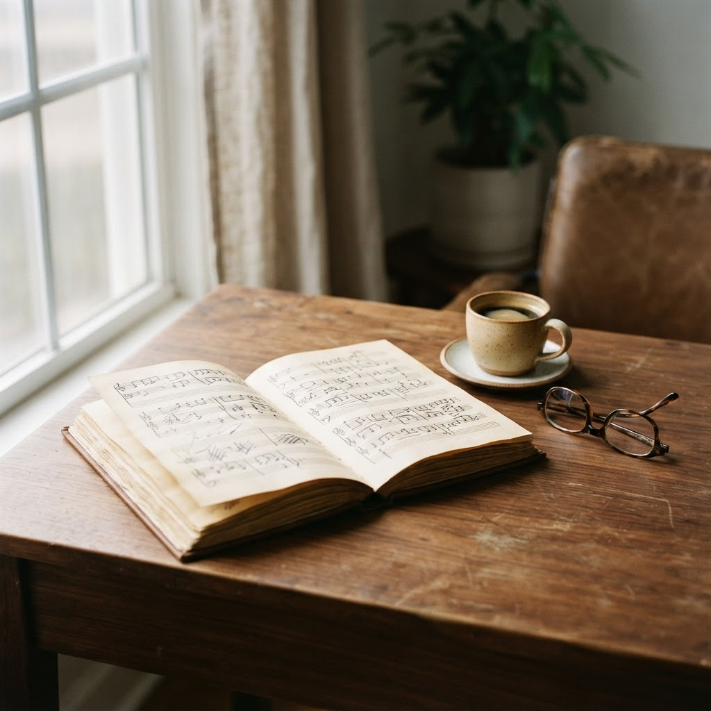 An open printed music journal beside coffee and reading glasses on a desk