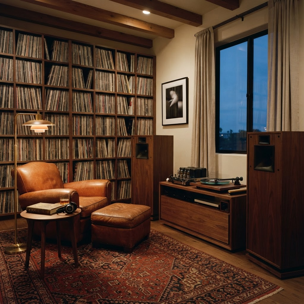 A private listening room at dusk with vinyl shelves and an armchair