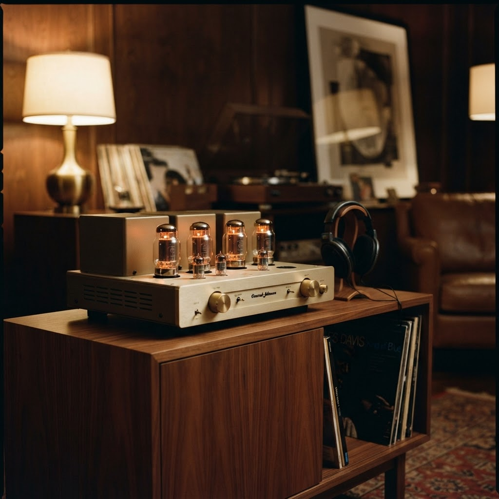 A vintage tube amplifier with glowing valves on walnut furniture