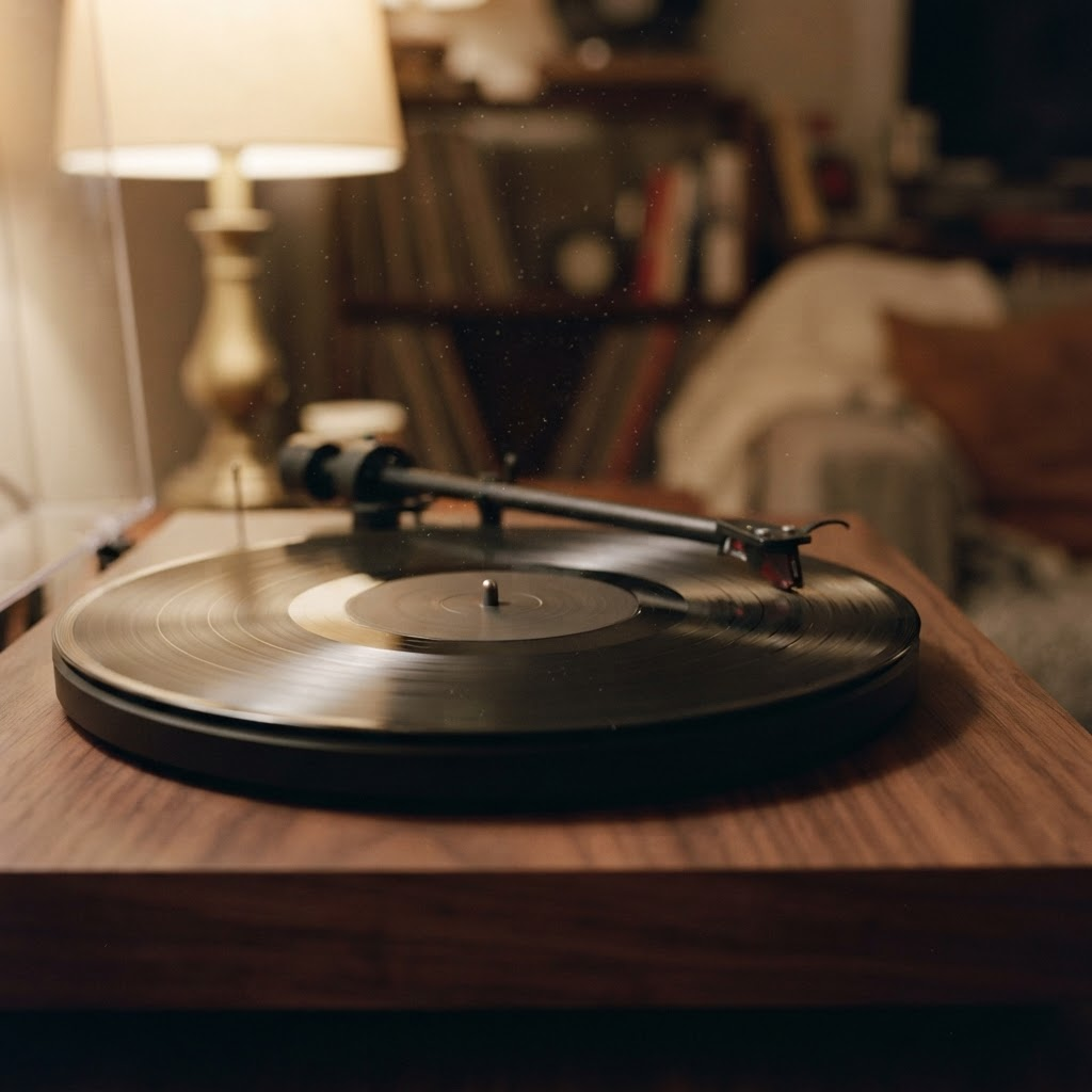 A vinyl record turning on a walnut turntable in warm lamplight